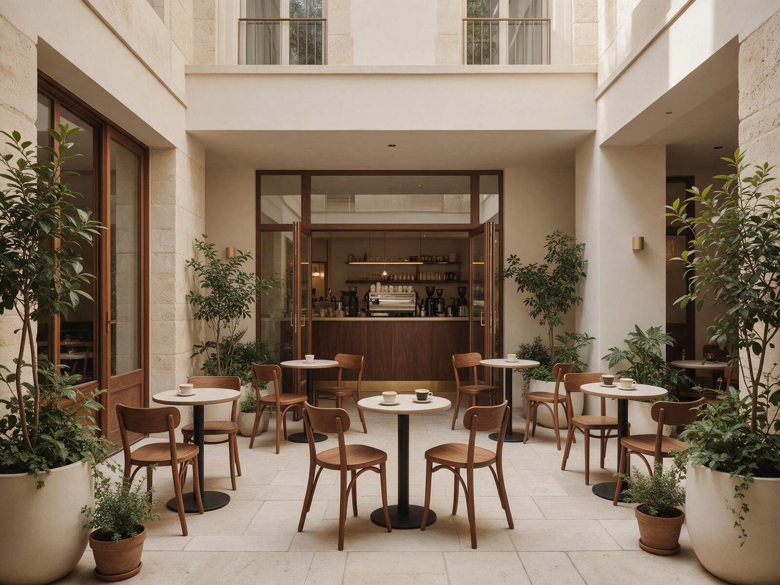 A café courtyard with outdoor tables and architectural planting