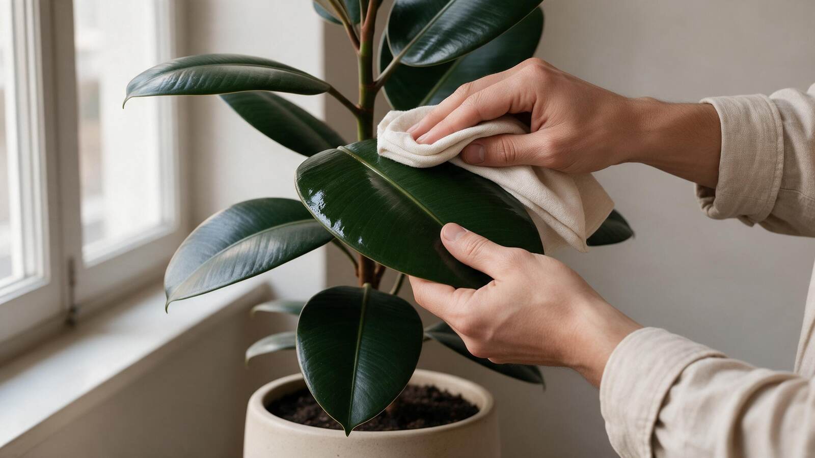 A plant specialist gently cleaning a rubber plant leaf in the same sunlit room