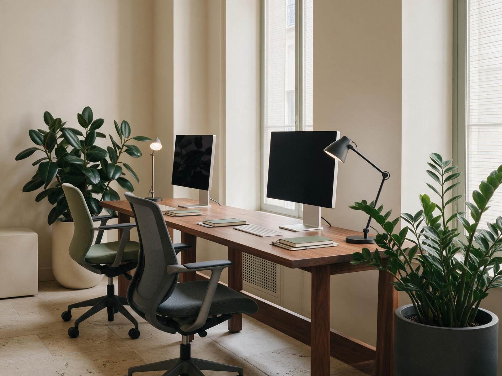 A shared office with computer workstations and carefully placed indoor plants