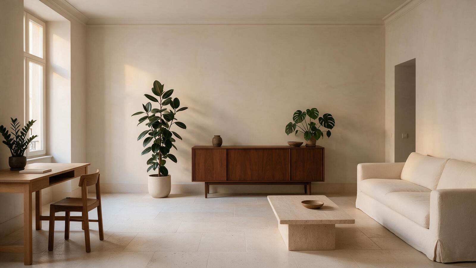 A sunlit home styled with sculptural plants